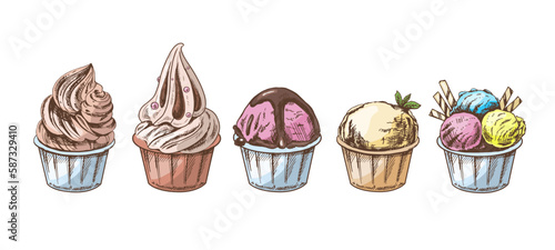 A hand-drawn colored  sketch of  ice cream balls, frozen yoghurt or cupcakes in cups. Set. Vintage illustration. Element for the design of labels, packaging and postcards..