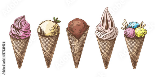 A hand-drawn colored  sketch of a waffle cones with ice cream or frozen yoghurt. Vintage illustration. Set. Element for the design of labels, packaging and postcards..