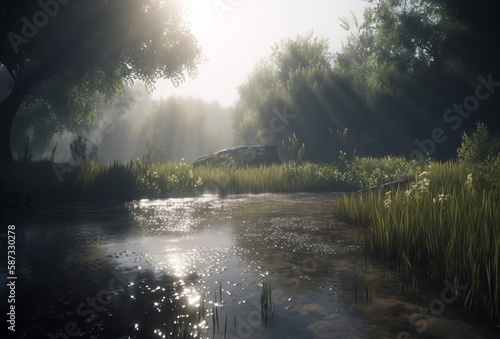 morning mist over the river, generative ai