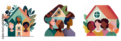set vector illustration of family portrain ancestors near house isolated