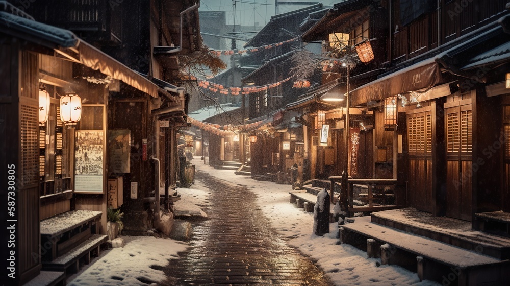 Imaginary view of old japanese district, street under snow, AI generative winter imaginary view of Japan