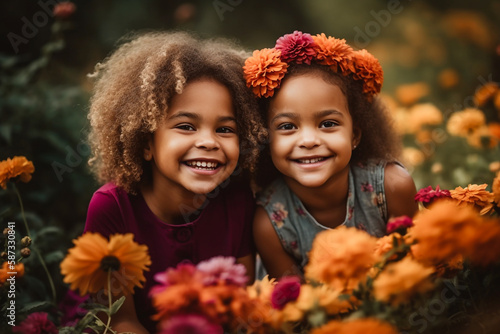 Couple of a beautiful little girls with curly hair posing smiling in a flowers field - Ai generative