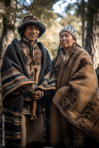 Mapuche couple looking at camera. Natives coming from the south of Chile and Argentina. low angle view. Generative AI vertical shot photo