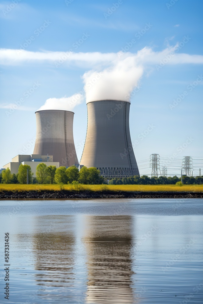 Nuclear power plant with towers with fumes. Generative AI vertical shot