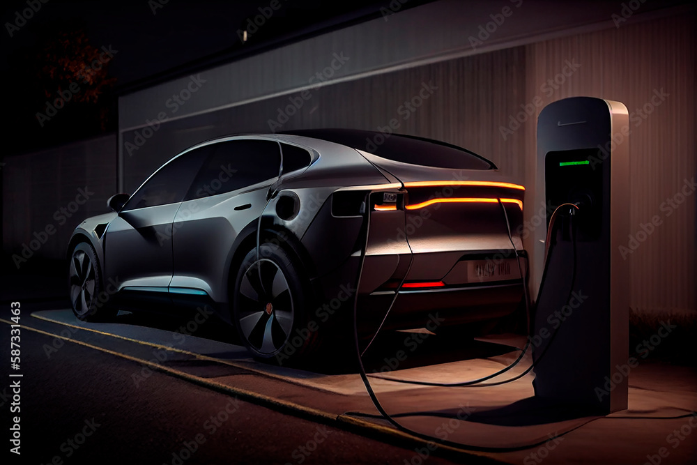 Electric car charging at a gas station in the city, industrial landscape, neon elements, healthy environment without harmful emissions. Eco concept. Generative AI