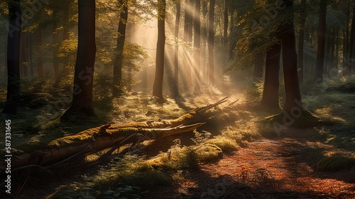 A forest or wooded area with warm sunlight filtering through the trees, AI generative