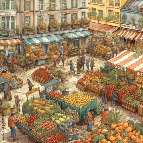 Busy farmers market with colorful produce