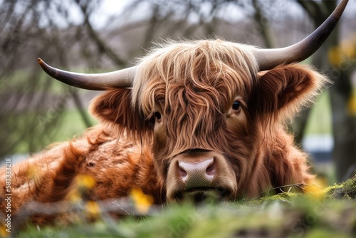 A Scottish highland bull grazes on a Swiss pasture. Generative AI