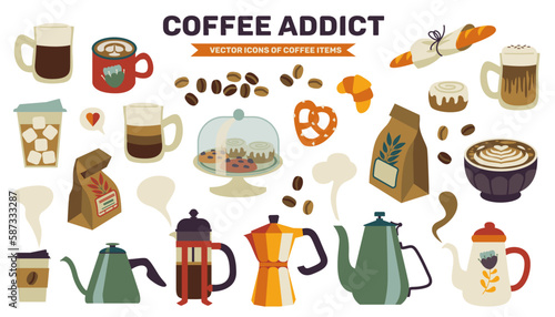 Cute bundle for coffee addict. Isolated vector illustrations on a white background. Coffee item, pastries, latte art in a nice colorful palette