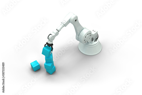 High angle view of robotic arm holding blue boxes