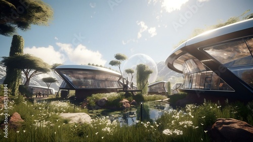 Step into a new world with a vision of sustainable living that blends cutting-edge technology and green energy Created using generative AI. © Ken