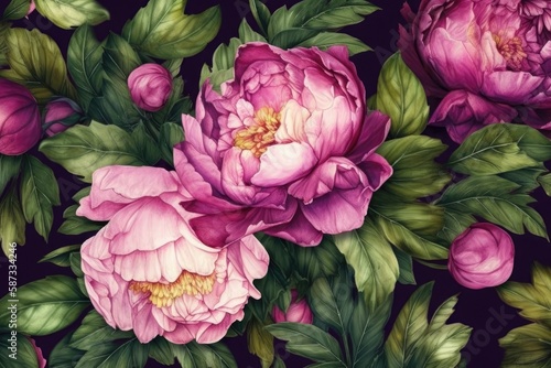 Pink Flowers with Green Leaves in a Beautiful Painting. Generative AI