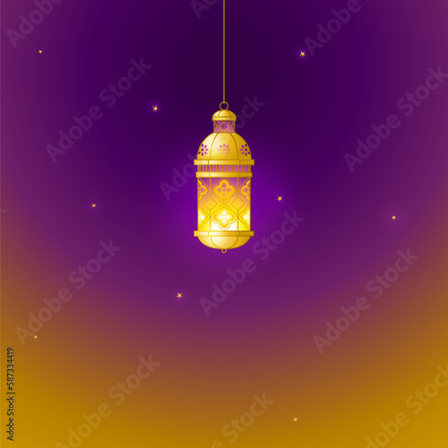 Vector Ramadan Kareem card. Golden vintage banner with gold lantern, stars for Ramadan wishing. Arabic shining lamp. Islamic background