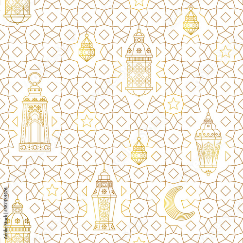Vector golden seamless pattern with arabic lamps, crescent, stars. Gold geometric ornament, shining lanterns. Luxury wallpaper in Eastern style. Decoration for background for Muslim feast