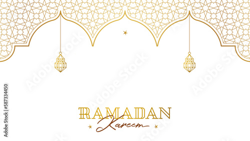 Vector Ramadan Kareem pre-made card. Golden vintage banner with arches for yours Ramadan wishing. Place for greeting text. Islamic background photo