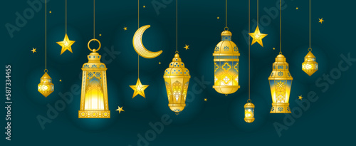 Vector Ramadan Kareem card. Golden vintage banner with  lanterns, stars, moon for Ramadan wishing. Arabic lamps. Islamic background.