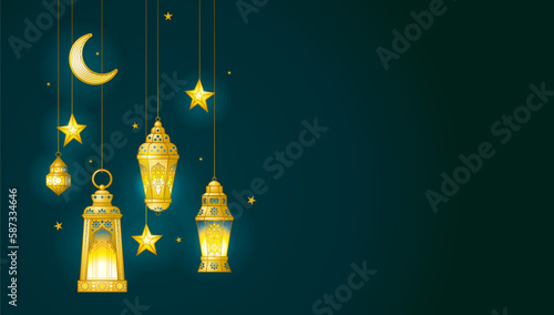 Vector Ramadan Mubarak premade card. Vintage banner, template with gold crescent, lanterns, stars for Ramadan wishing. Place for text. Islamic background photo