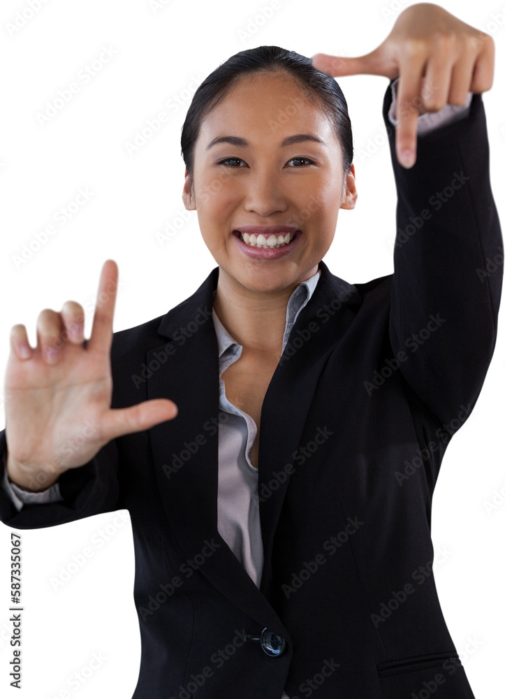 Portrait of smiling businesswoman doing finger frame gesture Portrait of smiling businesswoman doing finger frame gesture