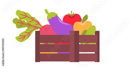 Wooden box full of fresh vegetables. Vector grocery basket with garden products. Cartoon harvest illustration