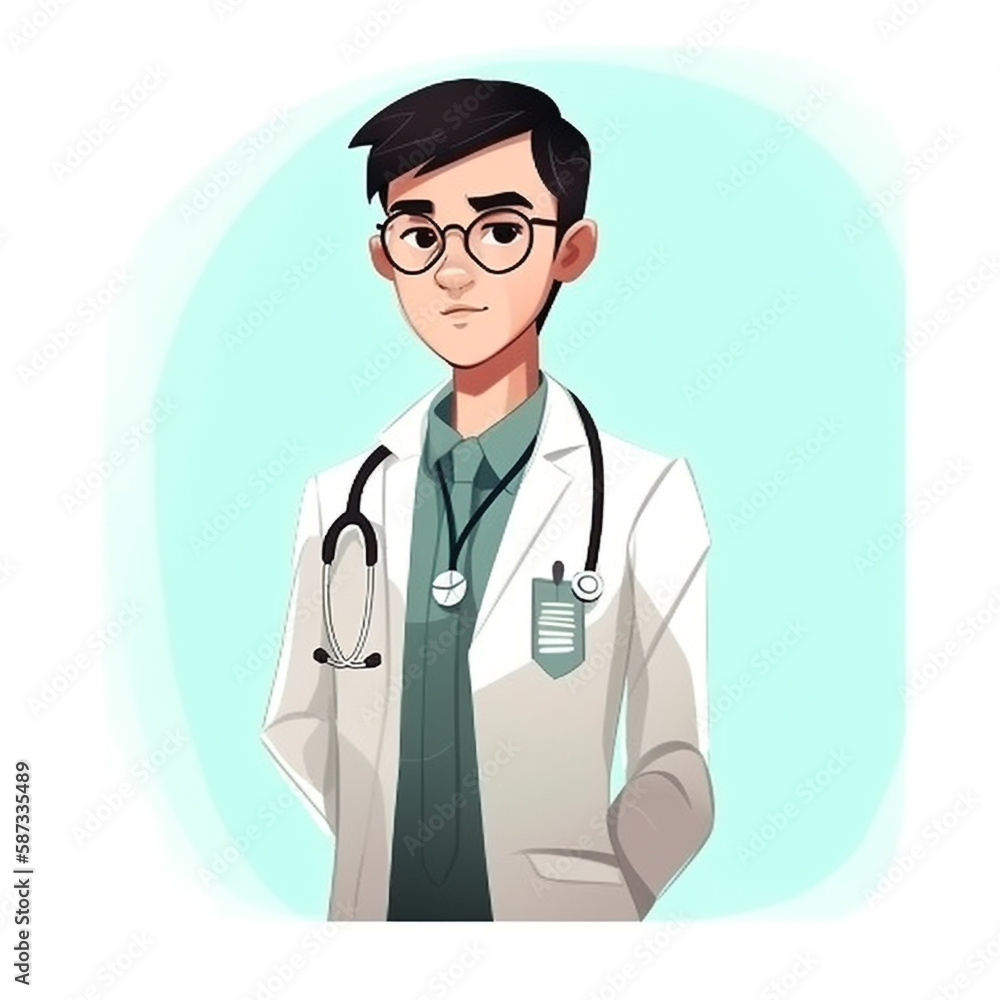 2D illustration of a doctor working in a standing position. The doctor wears a white coat and hangs a stethoscope around his neck.
2D illustration of a doctor working in a standing position. The doctor wears a white coat and hangs a stethoscope around his neck.