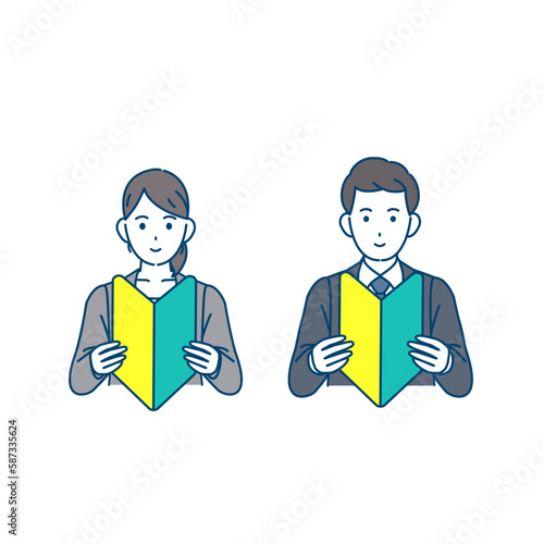 初心者マークを持つスーツ姿の男女のイラスト