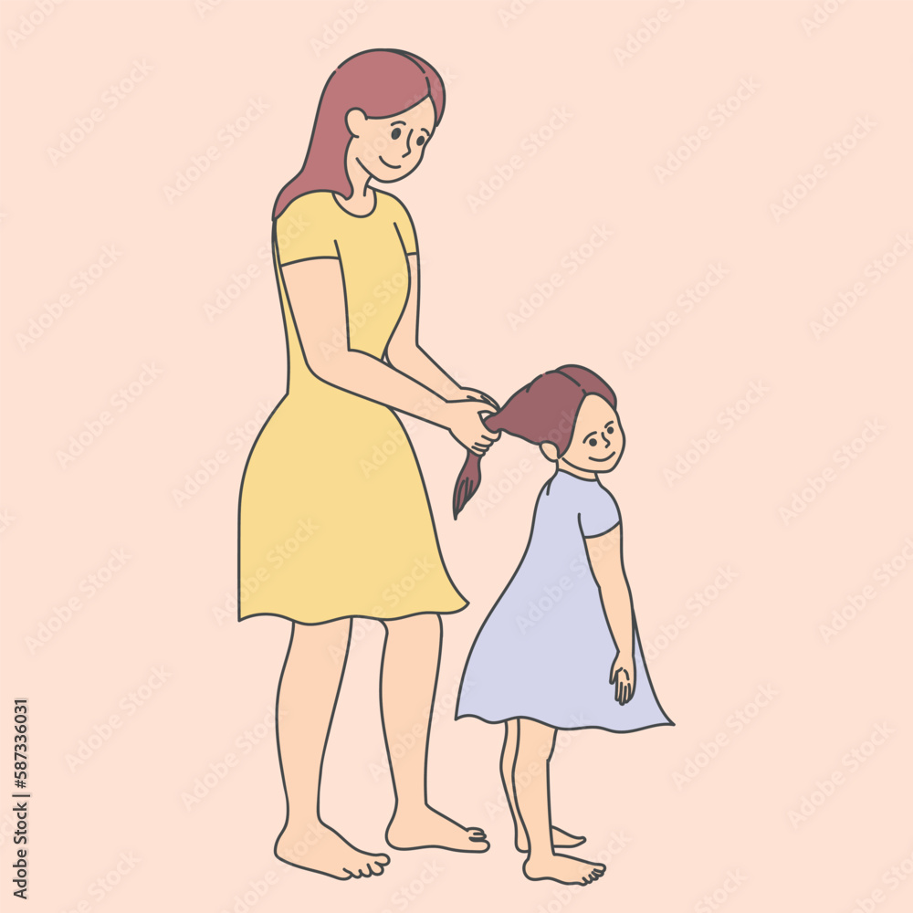 Mother is braiding daughter’s hair. Mom and daughter together. Mother’s Day theme. Vector art