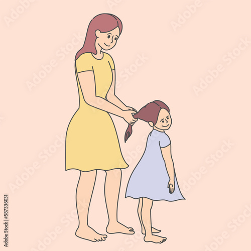 Mother is braiding daughter’s hair. Mom and daughter together. Mother’s Day theme. Vector art