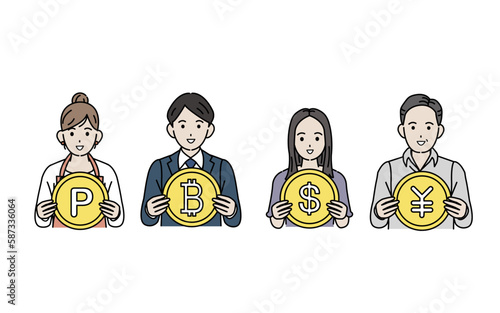 投資、様々な通貨を持つ人々のイラスト