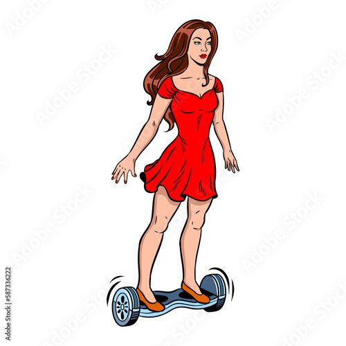 Woman ride self balancing scooter pop art PNG illustration with transparent background