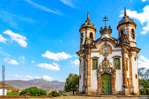 Front view of famous baroque church in the historic town of Ouro Preto in Minas Gerais, Brazil