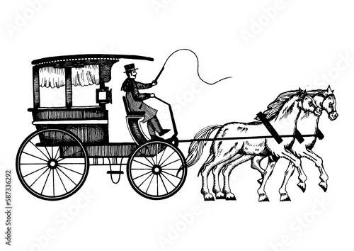 Carriage with horses engraving style PNG illustration with transparent background