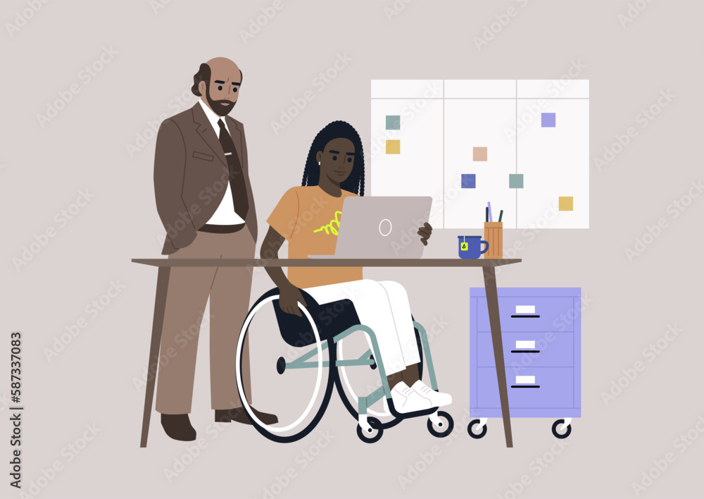 Inclusive workspace environment, A senior manager supervising an intern in the office Inclusive workspace environment, A senior manager supervising an intern in the office