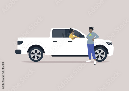 On the sidewalk, a pedestrian and a pickup truck driver engaging in conversation