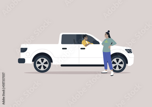 On the sidewalk, a pedestrian and a pickup truck driver engaging in conversation