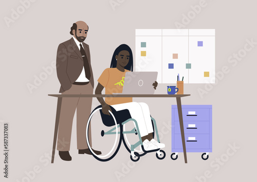 Inclusive workspace environment, A senior manager supervising an intern in the office