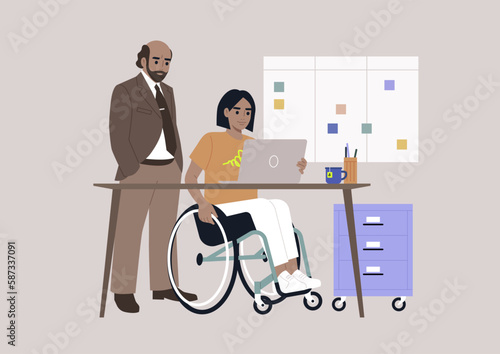 Inclusive workspace environment, A senior manager supervising an intern in the office