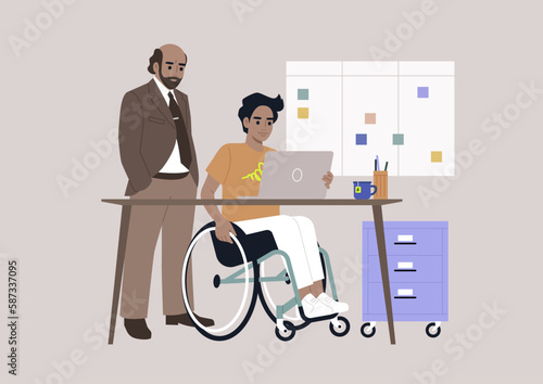 Inclusive workspace environment, A senior manager supervising an intern in the office