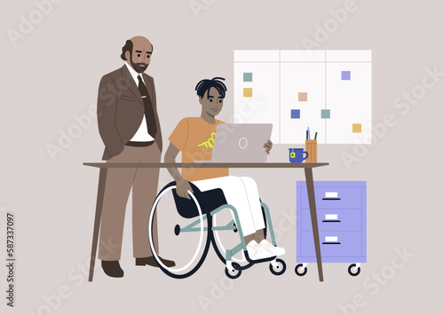 Inclusive workspace environment, A senior manager supervising an intern in the office