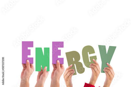Cropped hands holding colorful word energy