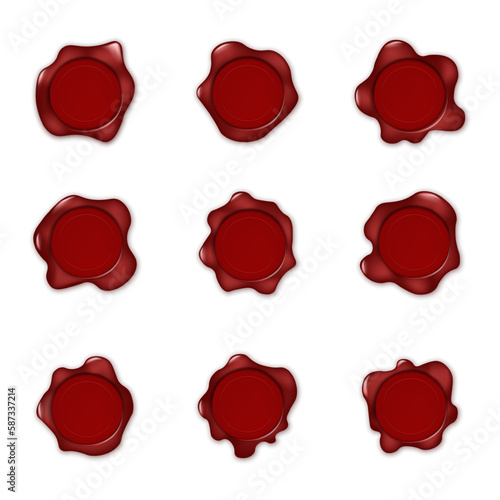 Old seal wax stamps. Stamps for certificate and document. Vector red sealing wax collection