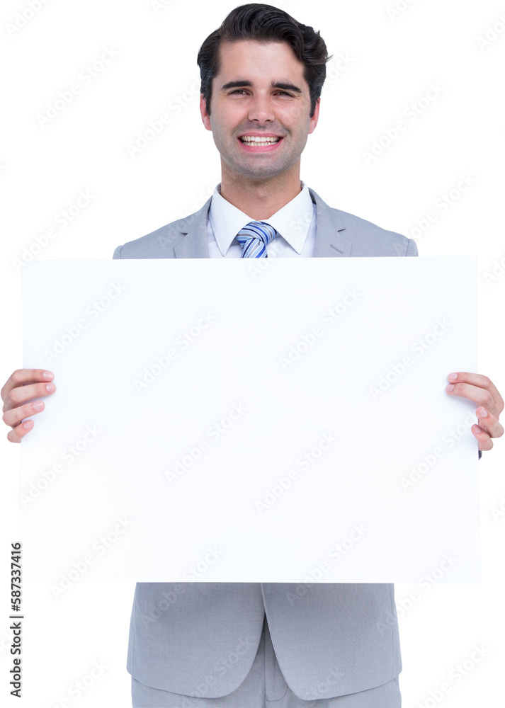 Portrait of smiling businessman holding blank billboard Portrait of smiling businessman holding blank billboard