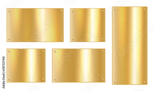 Gold shiny metal plates. Realistic golden squared frames. Vector yellow rectangular bronze banners