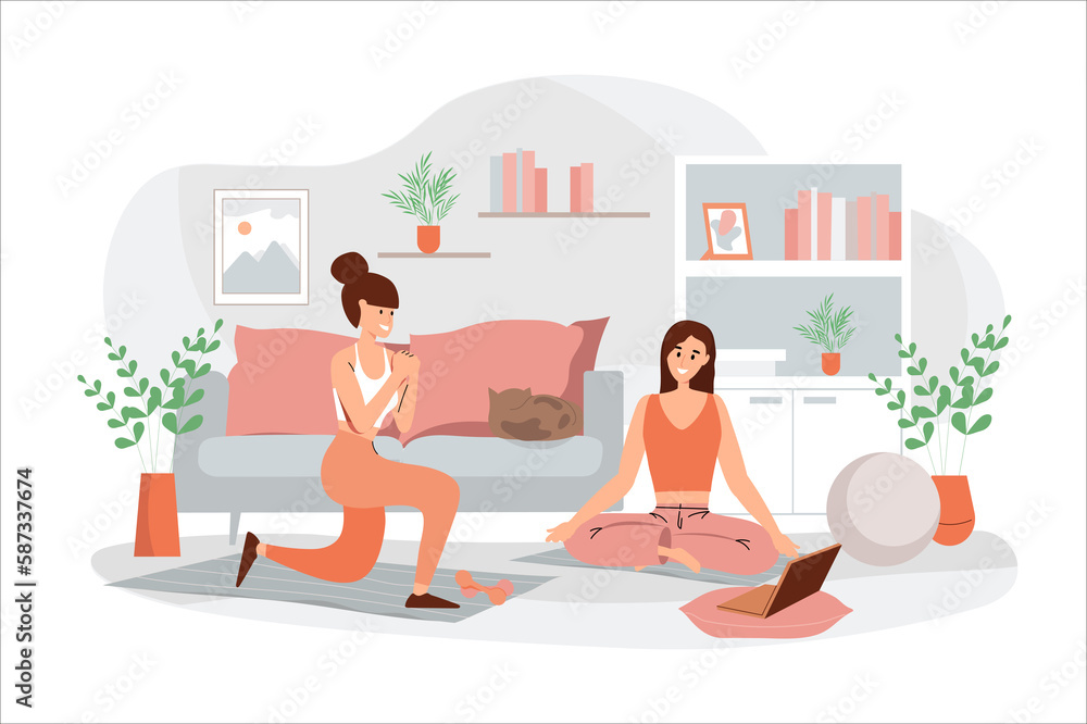 Fitness at home orange concept with people scene in the flat cartoon design. Two friends do physical exercises at home.