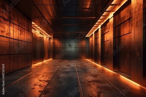 dimly lit hallway with warm orange lighting. Generative AI