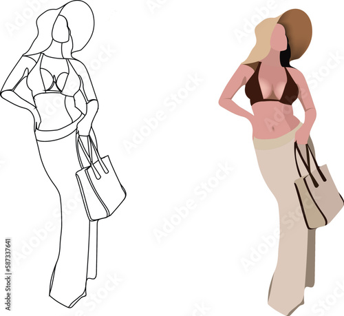 Model in costume with bag and hat-