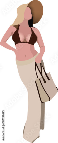 Model in costume with bag and hat-