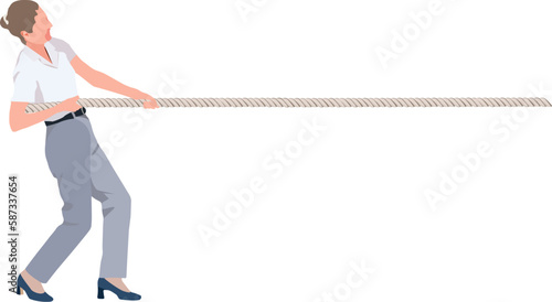 Woman pulls rope rope with white background-