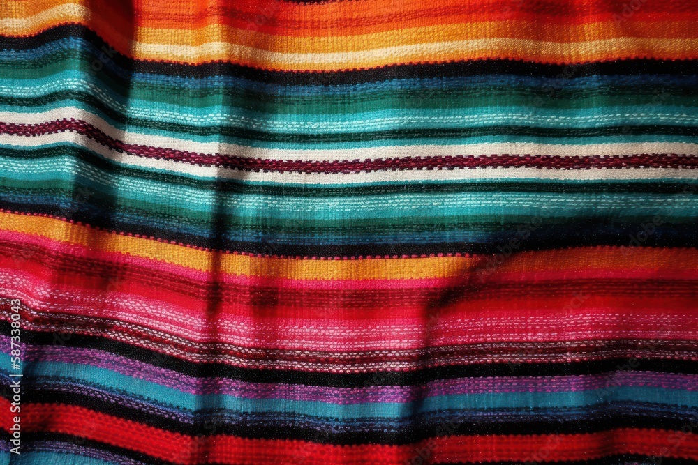 Mexican blanket, bright color stripe pattern, ethnic fabric, Cinco de Mayo decoration. Colorful fabric background. Generative AI Mexican blanket, bright color stripe pattern, ethnic fabric, Cinco de Mayo decoration. Colorful fabric background. Generative AI