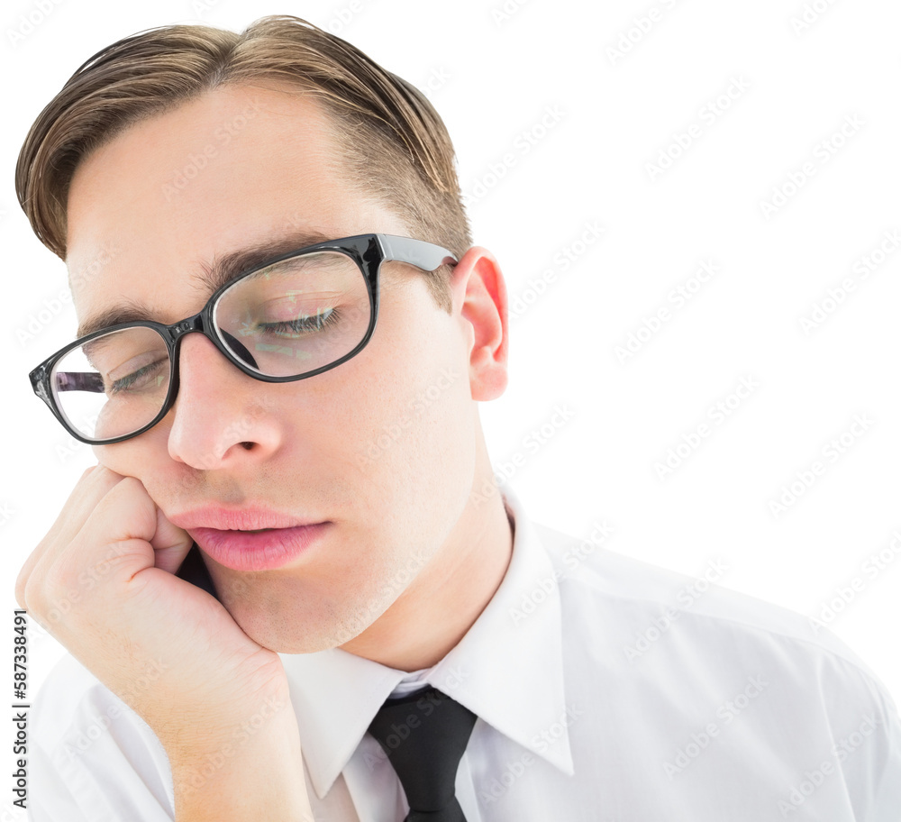 Geeky hipster falling asleep on hand