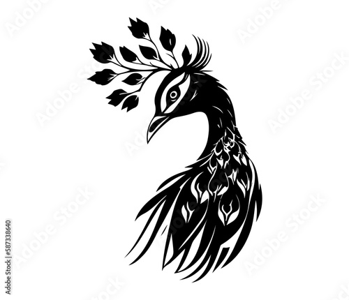 Monochrome peacock. Animal bird vector illustration, peafowl art design